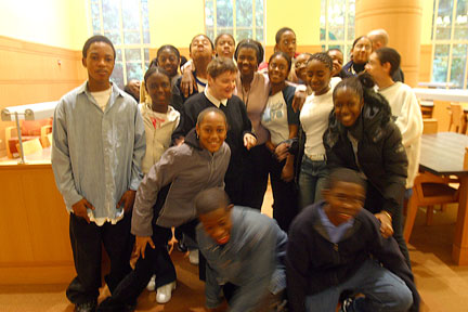 Martha and students in Lily Pond Reading Room